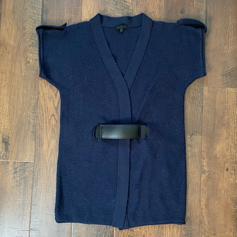 PLASTIC ISLAND navy blue long belted cardigan, size S 2/4